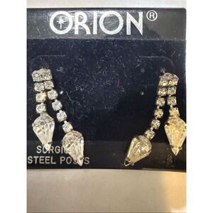 Orion Silvertone Surgical Steel Posts White Austrian Crystals Drop Earrings NWT
